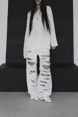 [unisex]レーザーダメージワイドデニム