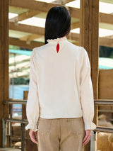 High-Neck Lace-Frill Blouse (Beige)