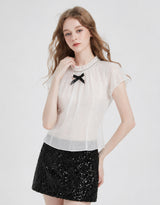 Spiral Crystal Ribbon Sheer Mock Neck Blouse White