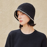 VA Top Button Knit Crochet Bucket Hat / Black