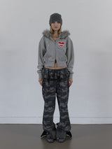FUR TRIMMING HOODED ZIP-UP / MELANGE GRAY