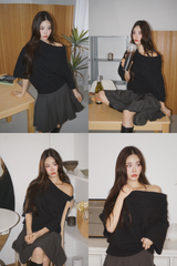 Chic black unbalanced off-shoulder knitwear