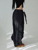 [UNISEX] シルバーカーゴバックバンドデニムワイドパンツ