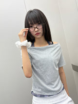 Check Halter Off-Shoulder Semi-Cropped T-Shirt 3color
