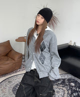 Scent Leather Patch Argyle Cardigan