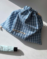 Pattern string pouch - blue check , S size