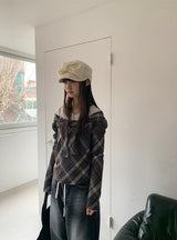 シッソンチェックスカーフオフショルダーロングスリーブTシャツ