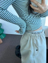 FLEECE❤SIDE SHIRRING STRIPE CROPPED LONG SLEEVE T SHIRT 🧸🤎🩶🩵3COLOR