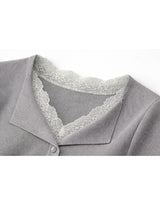 Rosy Lace Slim Rib Knit Short Sleeve Cardigan Gray