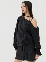 One-shoulder Blanc Ribbon Shirring Detail Top, Black