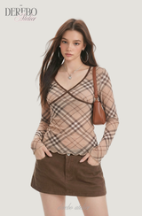 London checkered V-neck long-sleeved shirt
