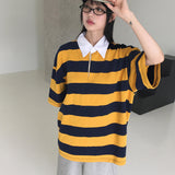 Was Bubble Gum Stripe Collar Short Sleeve T-shirt