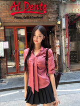 Red checkered scarf French shirt