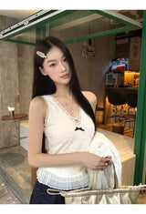 Best Lace V-neck Frill Sleeveless T-shirt