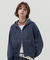 VINTAGE WASHING STUD POINT CROP HOODIE ZIP UP [NAVY]