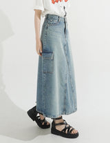 Back Slit Cargo Denim Long Skirt