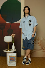 ネイビーCパッチライトブルーデニムショートスリーブシャツ [Unisex]