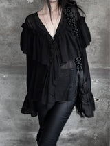 シフォンラッフルVネックシアーブラウス (2color)