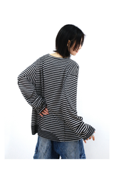RELABEL (Vision) Lightweight, velvety-textured striped patchwork long-sleeved T-shirt with a wet-look finish, studded details and a scoop neck