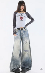 Hand-Painted Distressed High-Waisted Wide-Leg Jeans