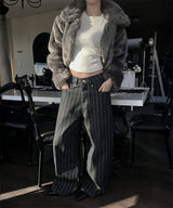 [Unisex] Stripe back strap wide pants