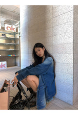 denim loose fit collar zip-up jacket two-piece (skirt set)