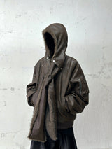 RELABEL Spatial Relations (Sun Shadow) Detachable, Adaptable Scarf Hood Full-Wool Pleated Leather MA-1 Pilot Jacket