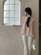 Lovie Unbal One-Shoulder Ribbon Chiffon Blouse