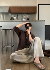 ノーメイスバックバンディングツータックリネンワイドパンツ