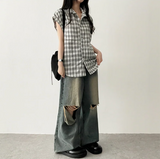 Andy Knee Damage Cutting Deep Washed Denim Wide Pants
