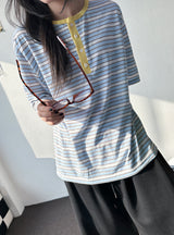 ユリア クーリング ストライプ ヘンリーネック Tシャツ 3カラー