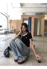 Black Stitch Unbalanced Off-Shoulder Strap Short Sleeve T-Shirt