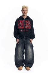 Curved Double Knee Denim Pants - Black