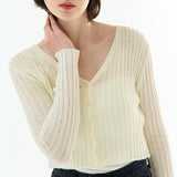 BOUCLE V-NECK RIBBED KNIT CARDIGAN IVORY