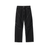 Grain Curved Seam Washed Denim Pants - BLACK