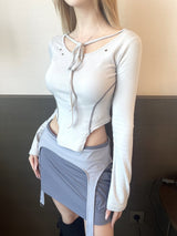 1208. Eyelet ribbon curved crop T (2color)