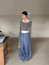 Blue Check Wide Casual Pants