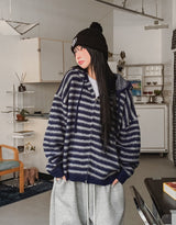 Onz Striped Mohair Knit Hood Zip-Up
