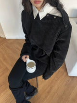 [UNISEX] Overfit velor off shoulder double snap button long sleeve knit T (4 colors)