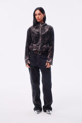 LEOPARD VELVET DOUBLE-HEAD COLOR-TOOTH ZIPPER SMUDGED SPRAY DISTRESSED TAILORED STAND COLLAR JACKET