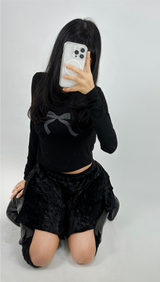 BASIC BOW-DETAIL SEMI-CROPPED STRETCH ROUND U-NECK LONG-SLEEVE TEE
