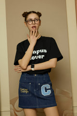 Sky Blue C Patch medium Blue Denim Mini Skirt [For women]