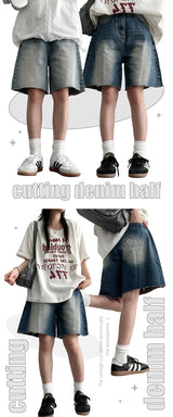 【S～2XL】ウェリンウォッシング裾カットデニムショートパンツ