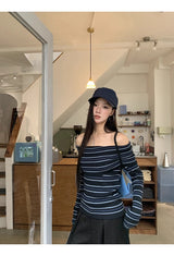 ストライプ スリム オフショルダー 長袖 ニット Tシャツ