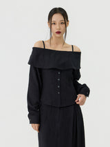 Scratch Cape Off-Shoulder Belted Shirt, Black