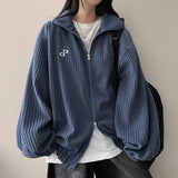 Baggle Oversized Corduroy Embroidery High-Neck Zip-Up