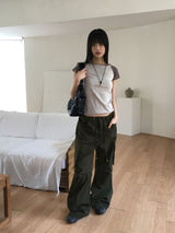 Denti button pintuck shirring long wide cargo pants