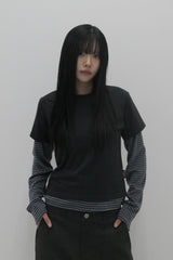 レイヤードストライプクロップTシャツ チャコール