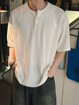 ASCLO ヘンリーネックオーバー半袖ニットTシャツ (2color)