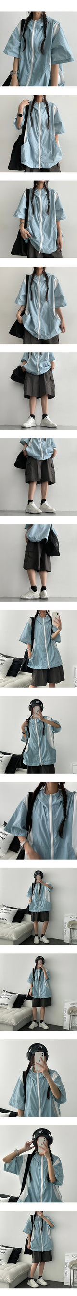 Mutual nylon coloring short-sleeved hooded zip-up